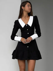 Splice Long Sleeve Turn Down Collar Folds Mini Dress