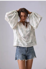 Embroidered Cotton Blouse with Lantern Sleeves