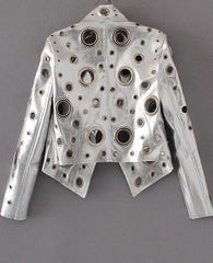 Faux Leather Short Jacket with Golden Rivet Detailing