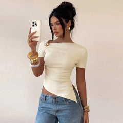 Asymmetric Neckline Button Detail Top