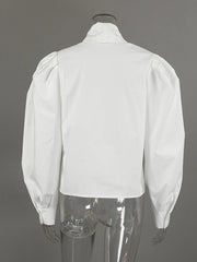 White Puff Sleeve Bow Neck Poplin Blouse Top