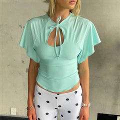 Mint green keyhole tie front flutter sleeve crop top
