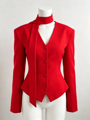 Padded Shoulder V-Neck Blazer With Scarf