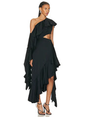Black one-shoulder dress with ruffled details on a white background