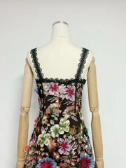 Black Floral Embroidered A-line Midi Dress