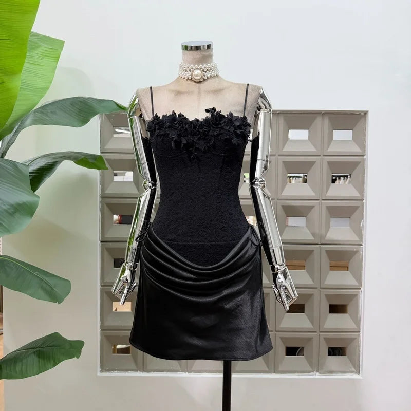 Black floral lace mini dress front view