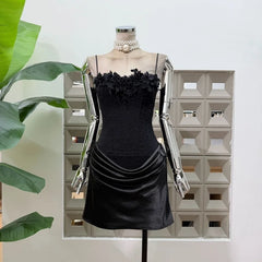 Black floral lace mini dress front view