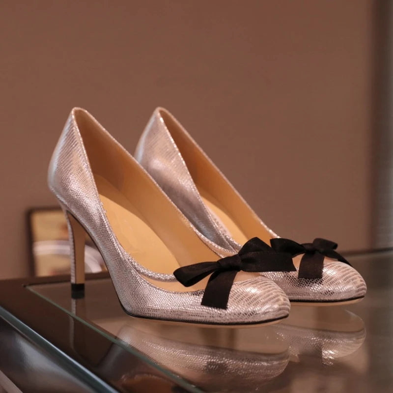 Silver bow high heels