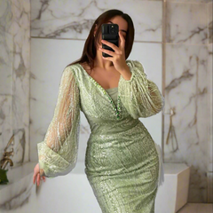 Light Green Full Sleeves Sequin Prom Dress