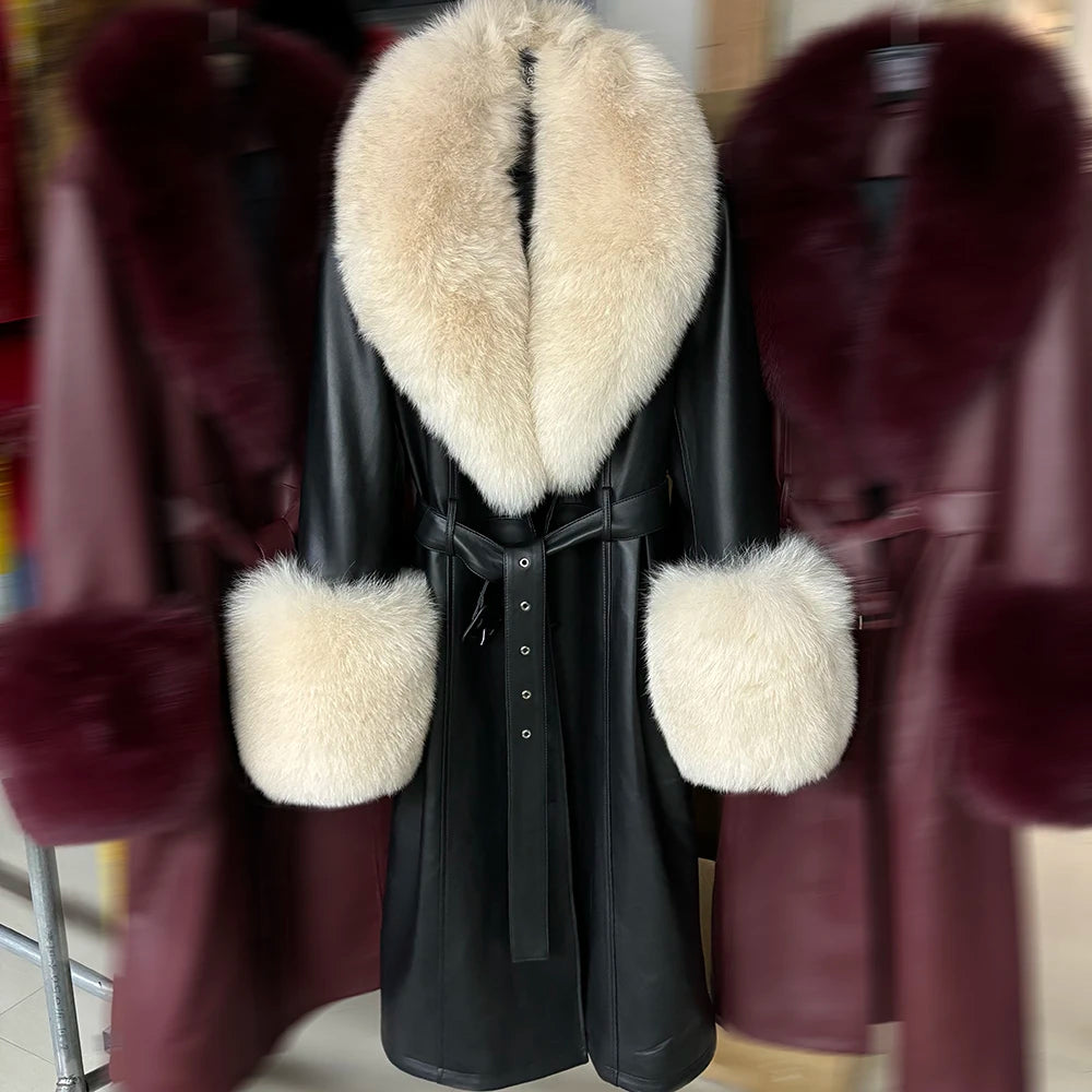 Black leather coat with white fur trim on a mannequin against a blurred background.
