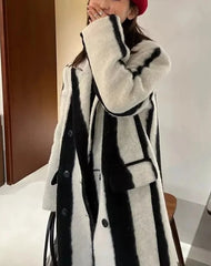 Color Block Striped Thick Woolen Coat Women Outerwear 