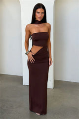 Strapless Draped Cutout Maxi Dress with Halter Neckline