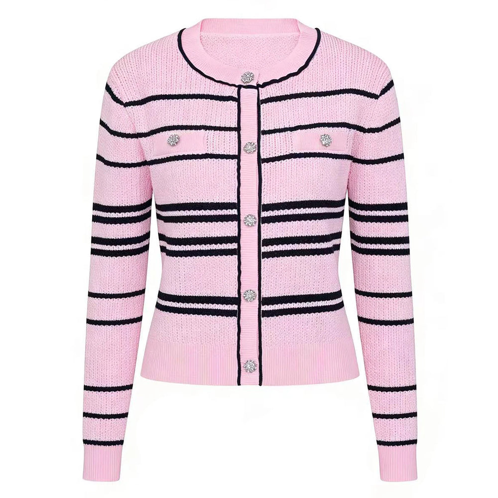 Pink striped button-up knit cardigan with black trim and embellished buttons.