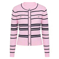 Pink striped button-up knit cardigan with black trim and embellished buttons.