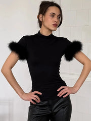 Mock Neck Feather Trim Sleeve Top