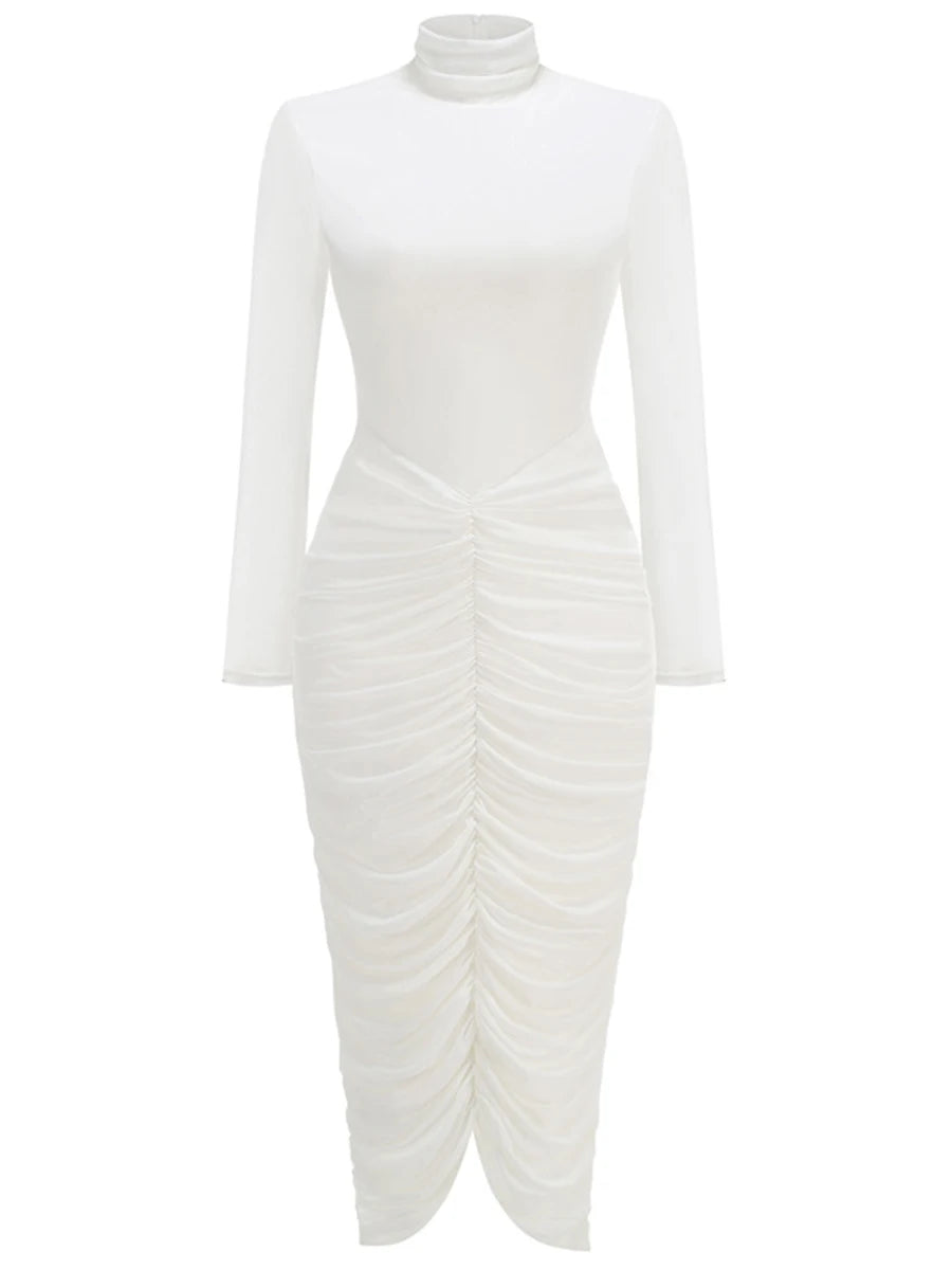 White long-sleeve dress with a ruched design on a white background