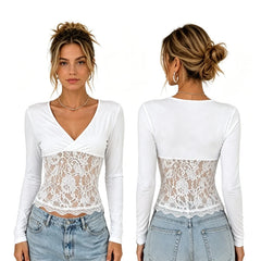 Lace Patchwork V-Neck Fitted Top