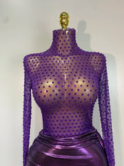 Sequin Sheer Long Sleeve Turtleneck Metallic Draped Mini Dress