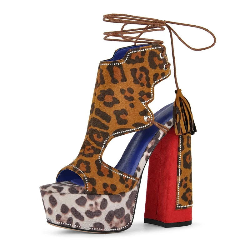 Leopard print lace-up platform sandals with a chunky block heel.