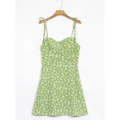 Daisy Flower Print Bandage Spaghetti Strap Lacing Up Sling Dress