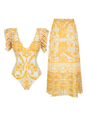 One-Shoulder Swimsuit with Oversized Flower Detail and Matching Printed Sarong Set