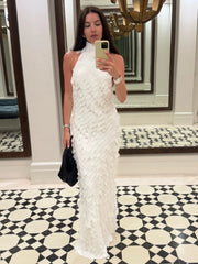 White halter neck fringe dress