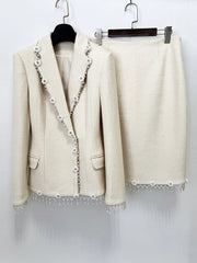 Cream woolen blazer and midi skirt set with floral beaded embellishments