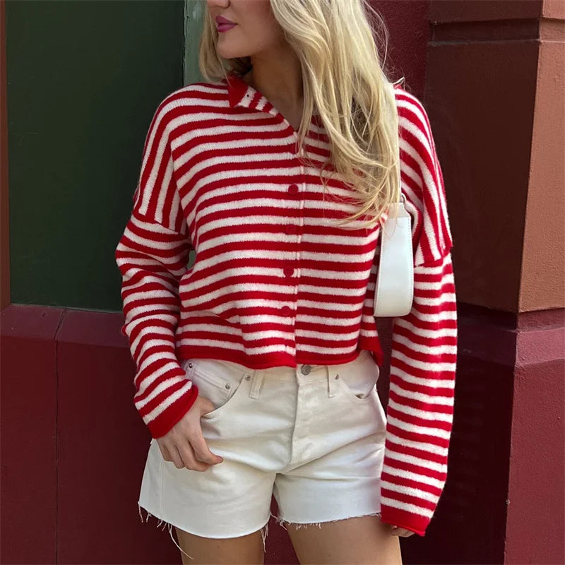 Striped knit collar coat with button-up closure