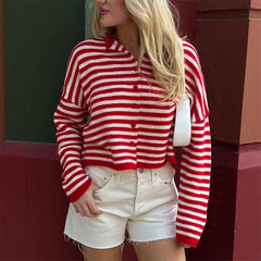 Striped knit collar coat with button-up closure