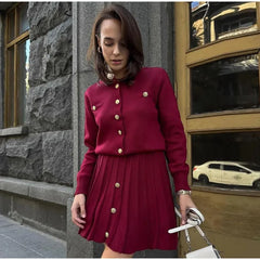 Elegant Burgundy Red Coat and Mini Skirt Set – Slim Fit Autumn Women’s Outfit