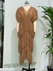 Brown Draped Layered Deep Neck Maxi Dress