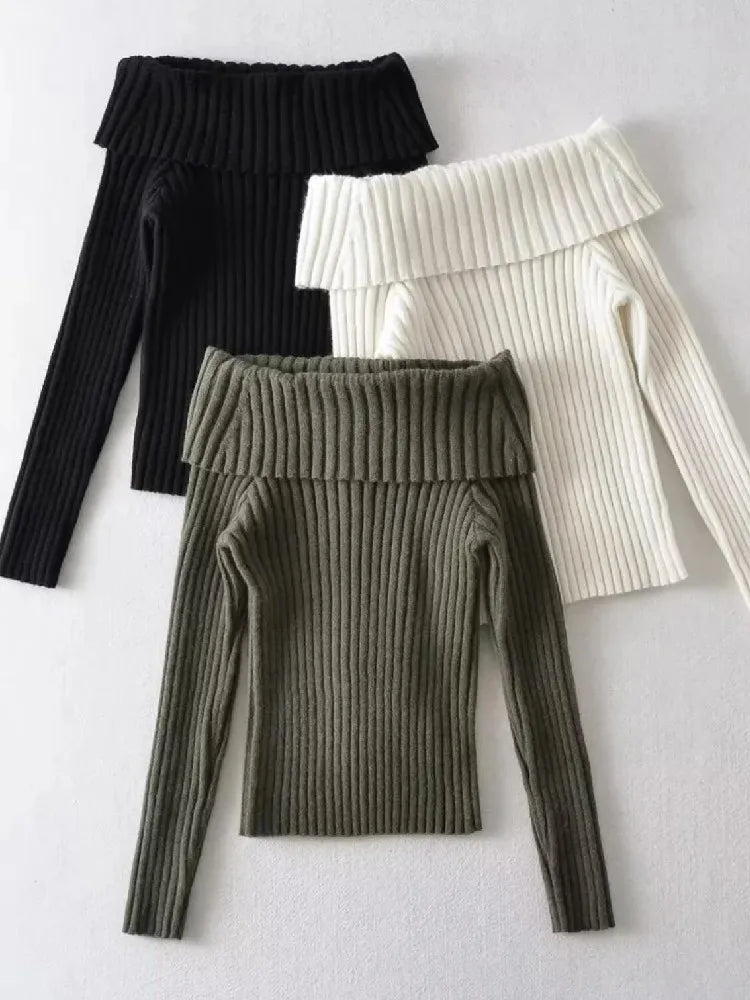 Rib Knitted Off the Shoulder Pullover Full Sleeve Jumper