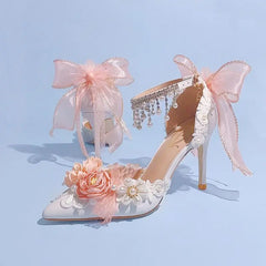 Pearl Rhinestone High Heels Sweet Flower Knot Shoes