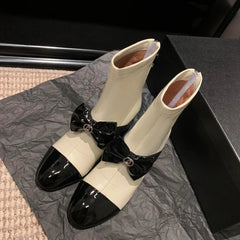 Round Bow Thick Heeled Elastic Back Zipper Women's Boots