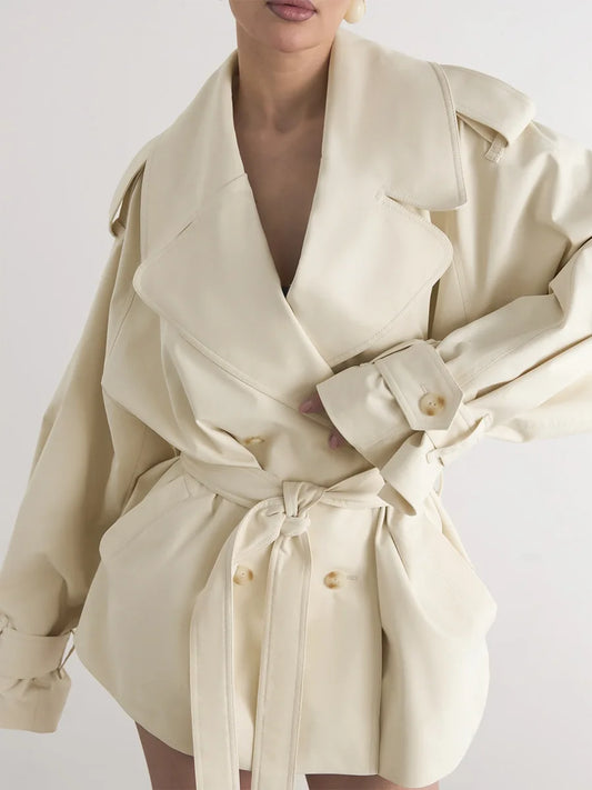 Lapel double-breasted belted jacket in cream