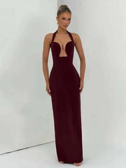 Halter neck column maxi dress in burgundy