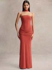 Strapless Choker Neck Gathered Waist Maxi Dress