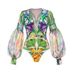 Balloon Sleeve Square Neck Cutout Bodysuit and Print Maxi Skirt Set