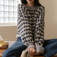 Plaid Long Sleeve Knitted Sweater