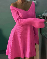 Knit Dress Long Sleeve V-neek Ruffle Hem Mini Sweater Dress