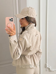 Utility Stand Collar Button Drawstring Peplum Jacket
