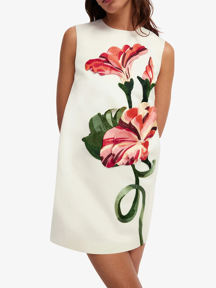 Detail of sleeveless neckline on floral mini dress