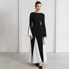 Black White Color Block Long Sleeve Maxi Dress