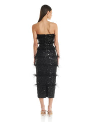 Black sequin and feather strapless evening gown, back view.