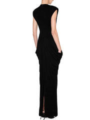 Black draped metal buckle maxi dress back view