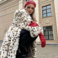 Long Belted Leopard Women Overcoats Fluffy Fox Fur Jacket