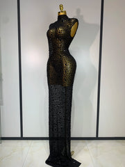 Rhinestone High Neck Sleeveless Dress