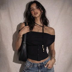 Off-Shoulder Ruched Bodice Top with Button Front