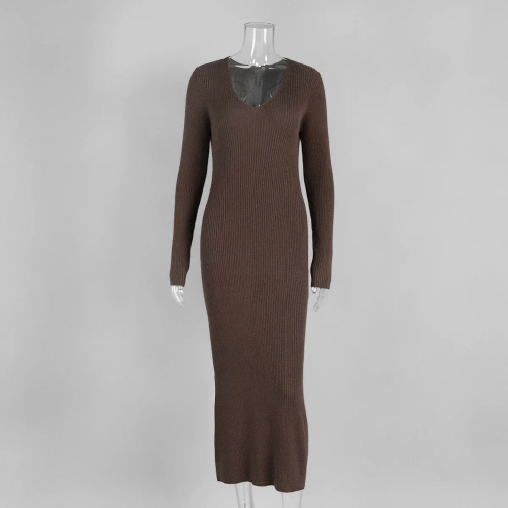 Brown ribbed dress on a mannequin against a white background