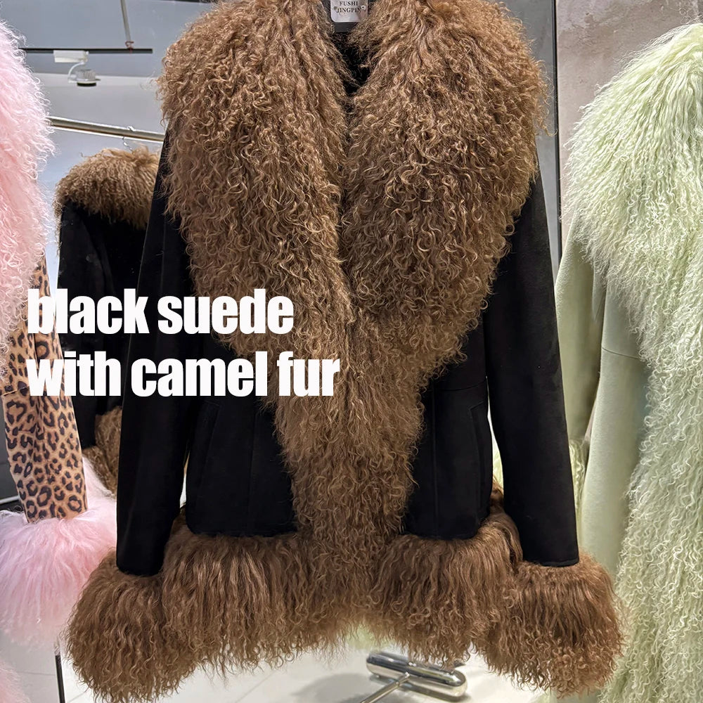 Black suede jacket with camel fur trim on a mannequin, surrounded by other fur-coated items.